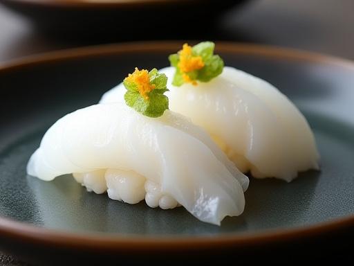 Delicately prepared Kobujime Hirame sushi.